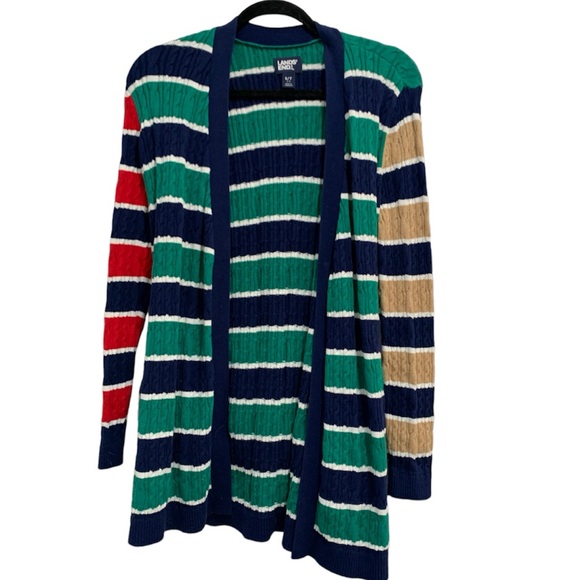 Lands' End 100% Cotton Knit Striped Open Front Cardigan Sweater - Picture 2 of 6